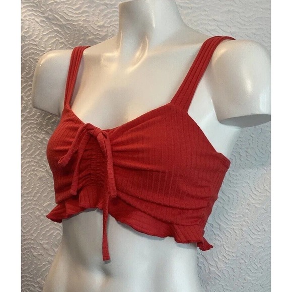 Billabong Red Mimi Bralette soft rib knit Ruffle tie detail Crop Top Size Medium - Picture 13 of 14